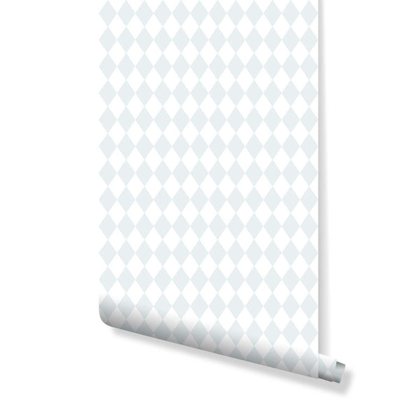 Pastel Blue Rhombus wallpaper with a crisp diamond lattice pattern in pale pastel blue, creating a subtle and airy harlequin rhythm. Ideal for a Scandinavian nursery or home office, offering a light and balanced aesthetic. Made from high-quality removable material, this eco-friendly, self-adhesive wallpaper is perfect for decorators seeking a temporary wall mural solution.