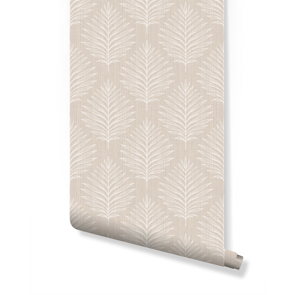 Neutral beige wallpaper with vertical palm-leaf pattern, suitable for modern coastal decor in bedrooms. Made in the USA.