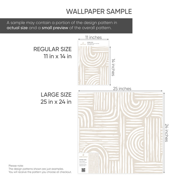 Wallpaper sample infographic: a swatch shows a portion of the design at actual size plus a small preview of the full pattern; available in regular and large sizes.