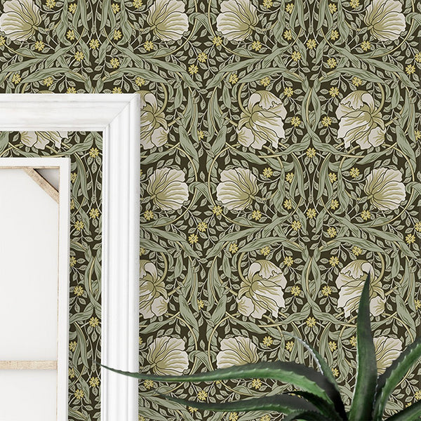 White & Green Pimpernel wallpaper featuring circular vine medallions with pimpernel blooms and yellow flowers on charcoal-olive background; ideal for vintage living rooms.