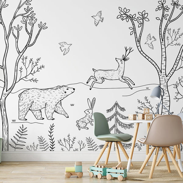 Black & White Forest Animals Wall Mural SM017 - CostaCover - Peel and stick Removable Wallpaper - accent wallpaper - adhesive wallpaper - animal print