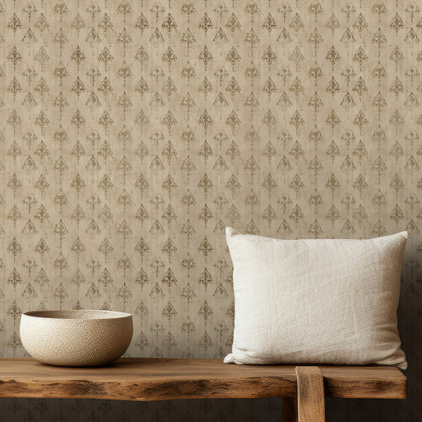 Beige damask wallpaper with distressed antique gold ornaments and a vintage textured background, ideal for an elegant bedroom or living room.