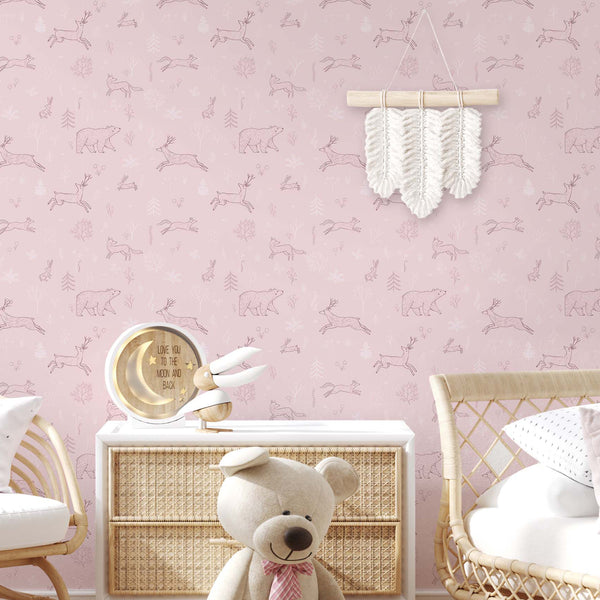 Pink Forest Animals Wallpaper S040