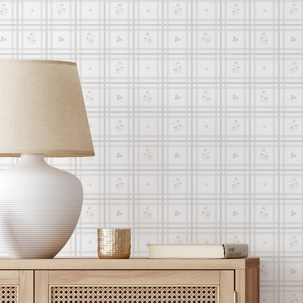 Gray plaid wallpaper with delicate floral motifs and soft neutral checkered pattern for cottagecore farmhouse interiors