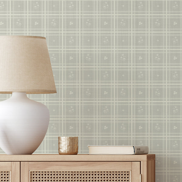 Sage green plaid floral wallpaper with delicate botanical motifs and soft checkered pattern in neutral tones for farmhouse decor