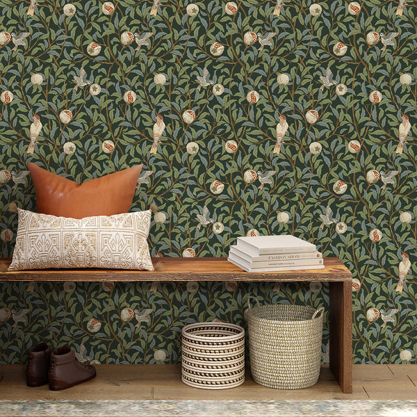 Green Bird & Pomegranate by Morris Wallpaper W087