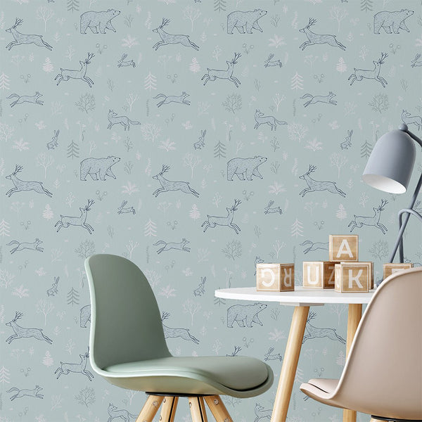 Mint Blue Forest Animals Wallpaper S038 - CostaCover - Peel and stick Removable Wallpaper - abstract forest - abstract wallpaper - accent wallpaper