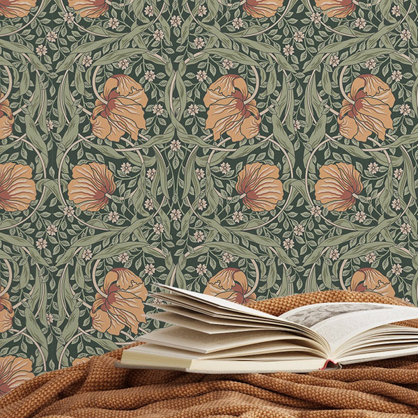 Orange & Green Pimpernel by Morris Wallpaper W081 - CostaCover - Peel and stick Removable Wallpaper - abstract floral - abstract wall art - abstract wallpaper
