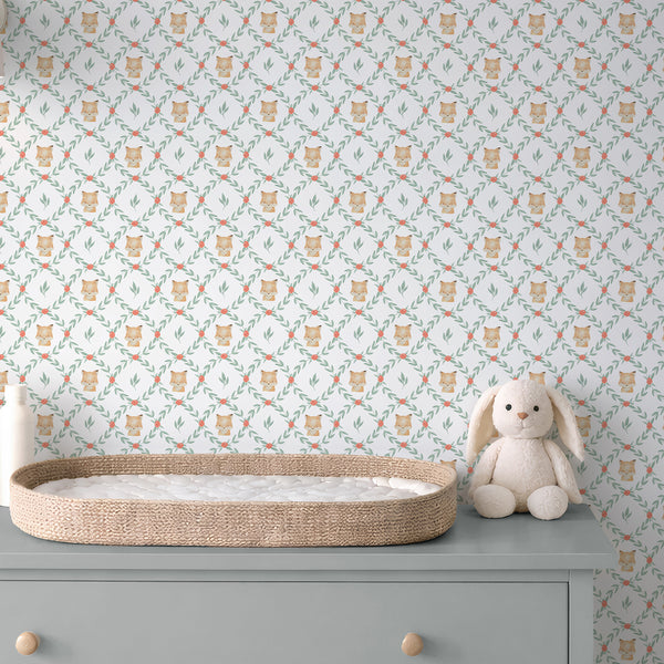 Watercolor fox nursery wallpaper with soft sage green leafy trellis, coral floral accents, and cute fox motifs on a white background.