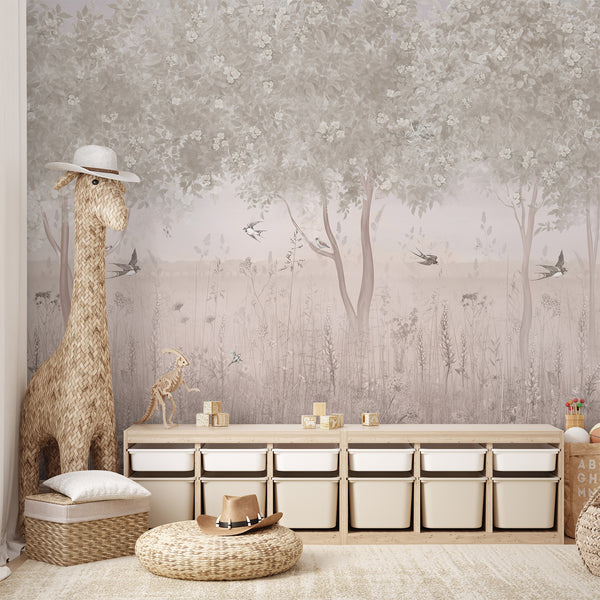 Neutral woodland wallpaper featuring tall leafy trees, small blossoms, birds and delicate meadow flowers in soft beige and ivory tones.