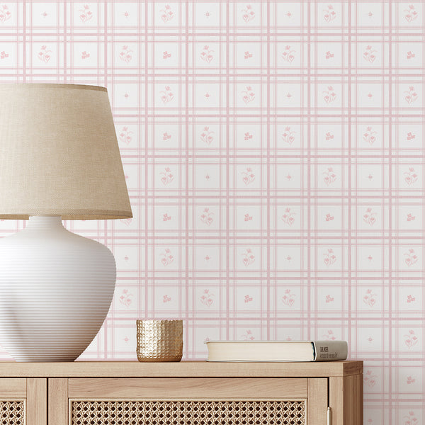 Soft pink plaid wallpaper with delicate floral accents and pastel checkered pattern for cottagecore nursery decor