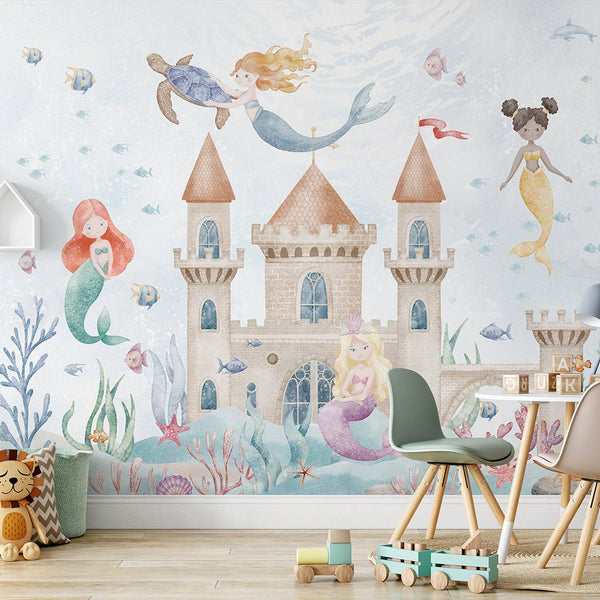 Mermaids and Castle Wall Mural SM065 - CostaCover - Peel and stick Removable Wallpaper - accent wallpaper - adhesive wallpaper - ariel mermaid