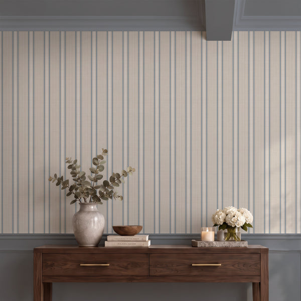 Beige and muted blue striped wallpaper featuring narrow vertical ticking stripes with a woven fabric-inspired texture, perfect for cozy farmhouse bedroom decor.