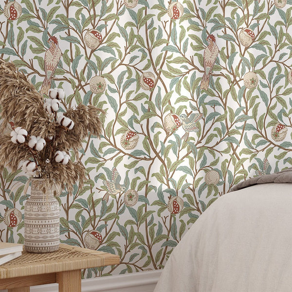 Green Bird & Pomegranate by Morris Wallpaper W088 - CostaCover - Peel and stick Removable Wallpaper - abstract wall art - abstract wallpaper - accent wallpaper