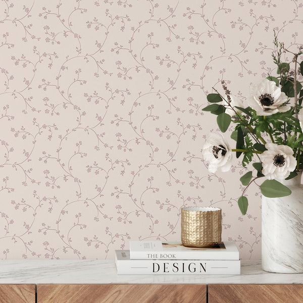 Large arcs of thin vines and flowers on a blush background, offering a soft, airy effect ideal for cottagecore-inspired interiors.