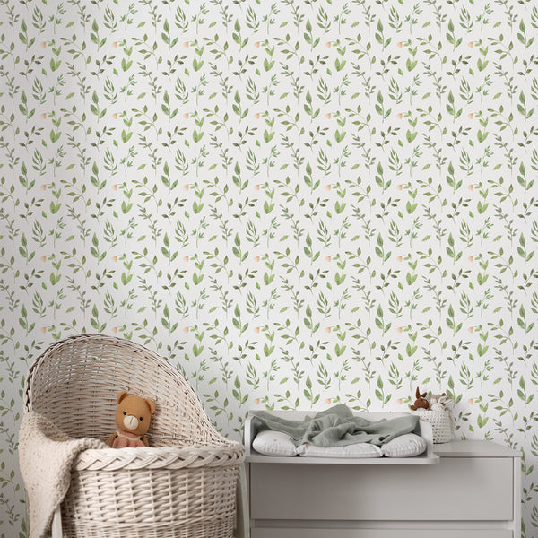 Watercolor botanical wallpaper with soft sage green leaves and delicate blush flower buds on a white background, ideal for bedroom, nursery, or bathroom.