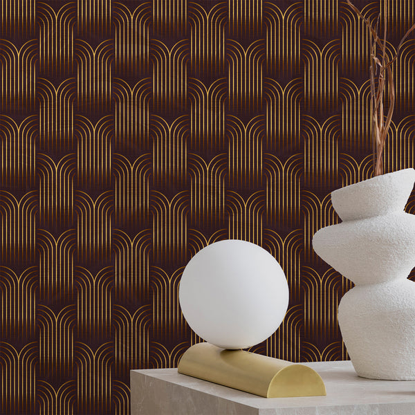 Burgundy Gold Effect Art Deco Wallpaper CC322