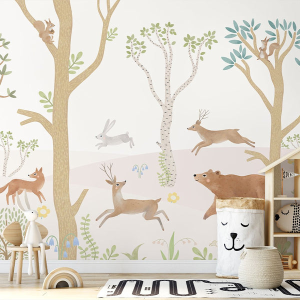 Pastel Forest Animals Wall Mural SM016 - CostaCover - Peel and stick Removable Wallpaper - Abstract - abstract wall art - abstract wallpaper