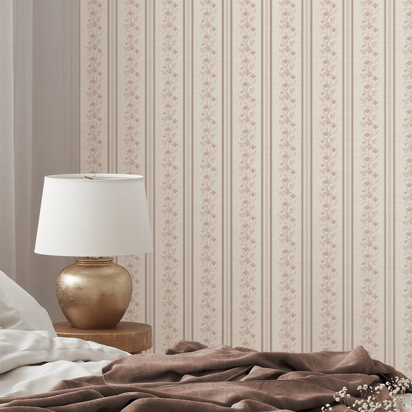 Beige Taupe Floral Stripe Wallpaper L128