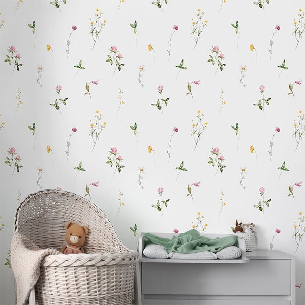 Colored Petite Wildflowers Wallpaper S068 - CostaCover - Peel and stick Removable Wallpaper - accent wallpaper - adhesive wallpaper - baby bedroom