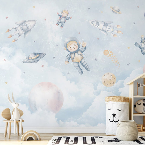 Light Blue Astronauts & Rockets Wall Mural SM097 - CostaCover - Peel and stick Removable Wallpaper - accent wallpaper - adhesive wallpaper - baby bedroom