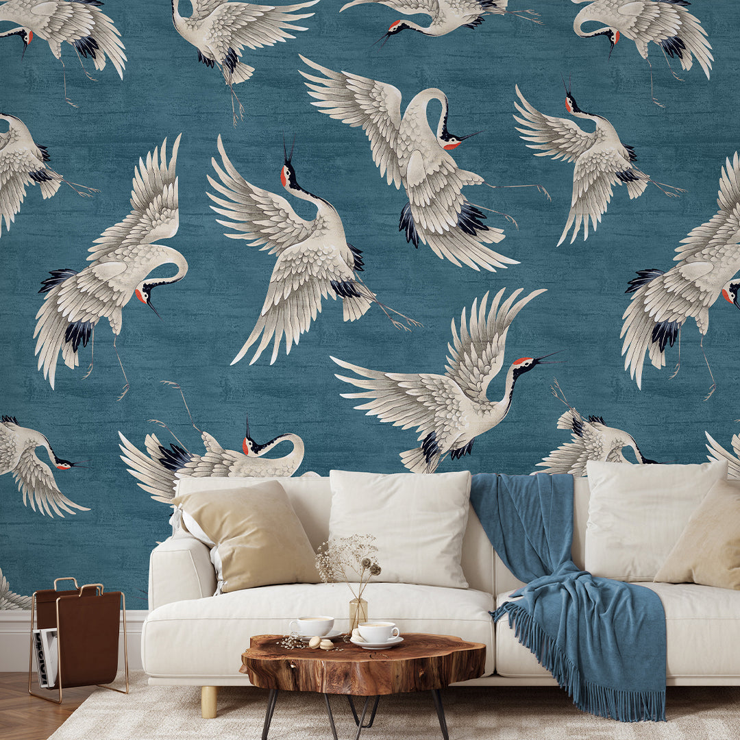 Flying Blue Japanese Cranes Wall Mural WM116