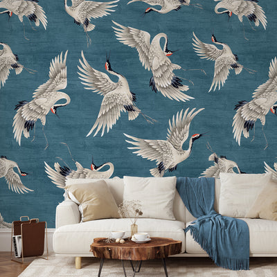 Flying Blue Japanese Cranes Wall Mural WM116