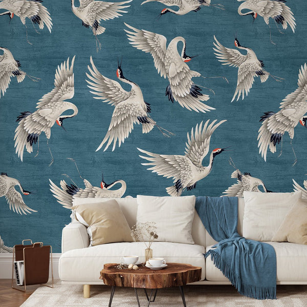 Flying Blue Japanese Cranes Wall Mural WM116 - CostaCover - Peel and stick Removable Wallpaper - accent wallpaper - adhesive wallpaper - aqua blue
