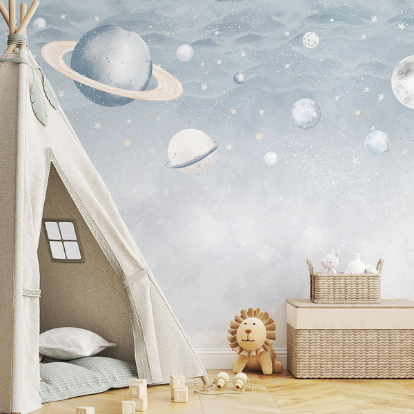 Light Blue Planets in Space Wall Mural SM087 - CostaCover - Peel and stick Removable Wallpaper - accent wallpaper - adhesive wallpaper - baby bedroom