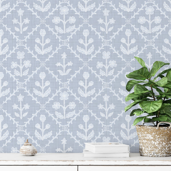 Dusty Blue Linen Floral Lattice Wallpaper L123