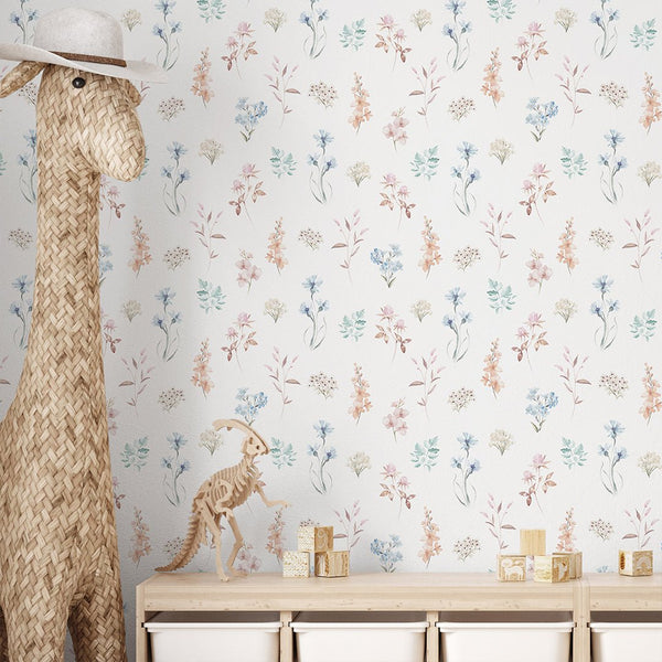 Colored Wildflowers Wallpaper S082 - CostaCover - Peel and stick Removable Wallpaper - accent wallpaper - adhesive wallpaper - baby bedroom