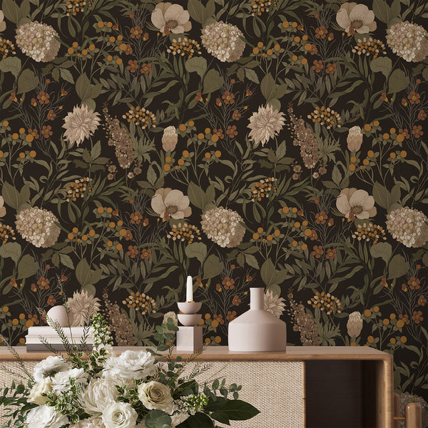 Dark vintage floral wallpaper with moody botanicals in beige, olive green, and rust, perfect for vintage-inspired dining rooms.