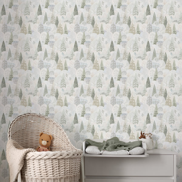 Sage green forest wallpaper featuring watercolor pine trees, rounded woodland canopies and delicate birds in soft beige, gray and muted green on ivory.