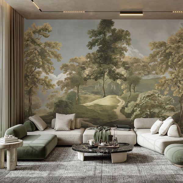 Green vintage landscape wall mural featuring lush forest trees, rolling hills and a winding path in muted olive and earthy neutral tones.