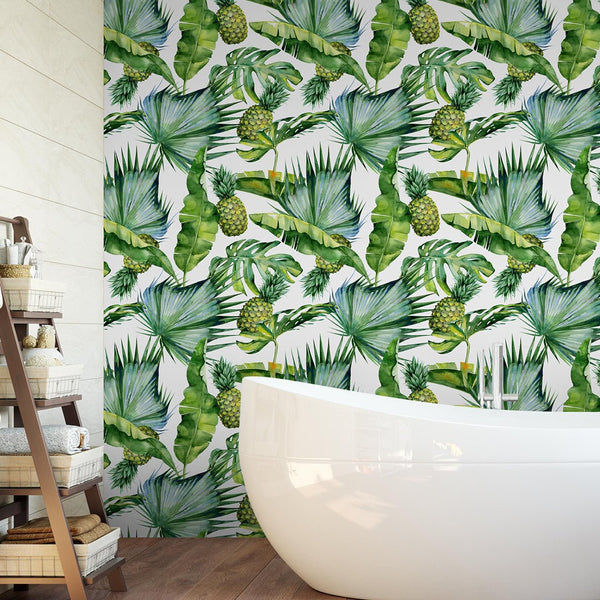 Tropical Leaves & Pineapples Wallpaper CC044 - CostaCover - Peel and stick Removable Wallpaper - bathroom wallpaper - bedroom interior - Colorful Stick on Wall cover for renters