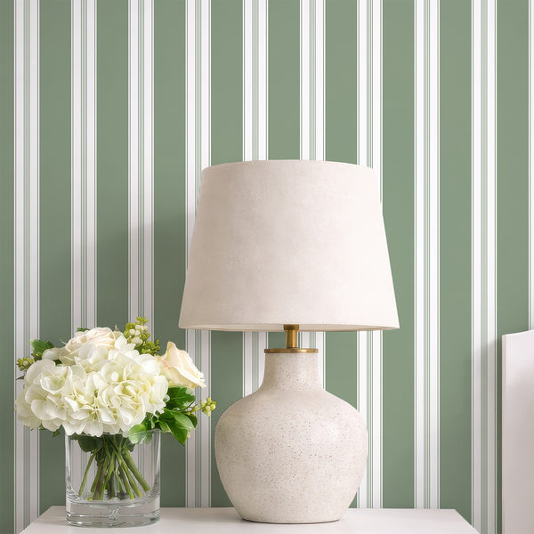 Minimalist green wallpaper featuring a timeless vertical stripe pattern with slim white pinstripe accents for living rooms, bedrooms, or entryways.