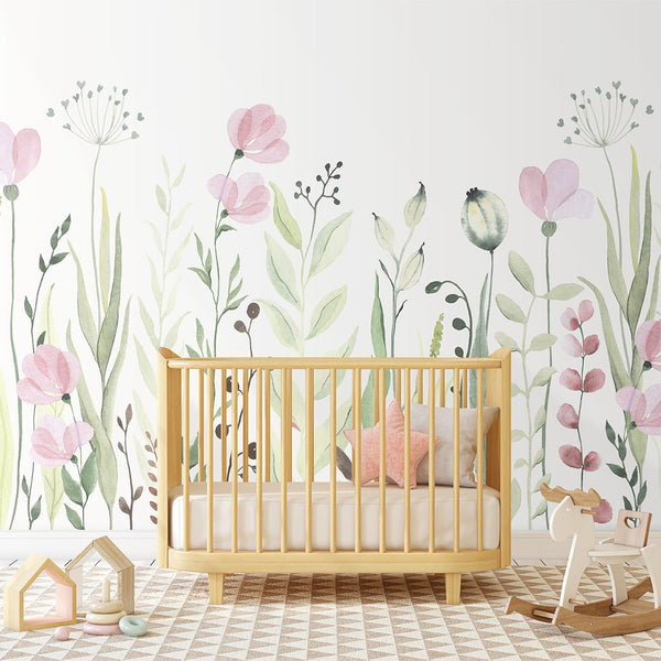 Pink & Green Wildflowers Wall Mural CCM132 - CostaCover - Peel and stick Removable Wallpaper - accent wallpaper - adhesive wallpaper - bathroom wallpaper