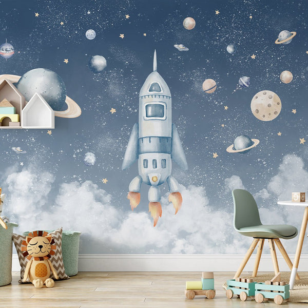Blue Spaceship & Planets Wall Mural SM090 - CostaCover - Peel and stick Removable Wallpaper - accent wallpaper - adhesive wallpaper - baby bedroom