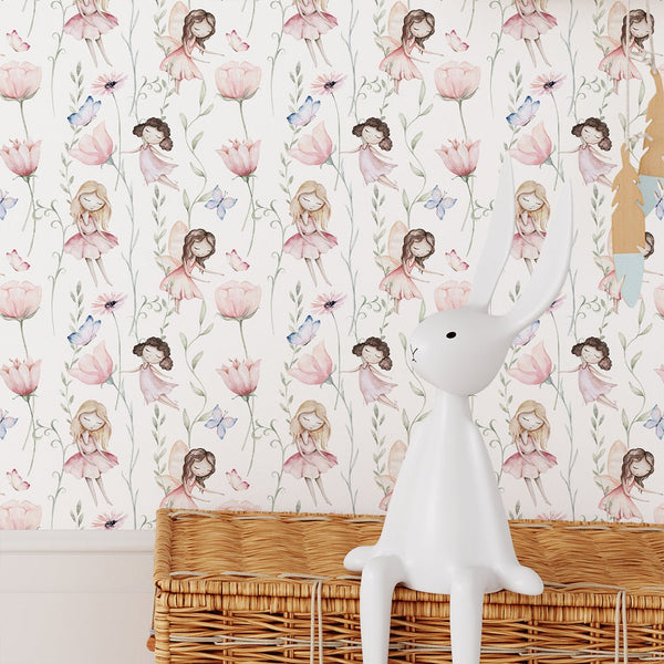 Pink Flower Fairy Wallpaper S083 - CostaCover - Peel and stick Removable Wallpaper - accent wallpaper - adhesive wallpaper - baby bedroom