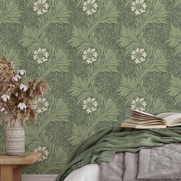 Green Marigold by Morris Wallpaper W126 - CostaCover - Peel and stick Removable Wallpaper - abstract floral - abstract wall art - abstract wallpaper
