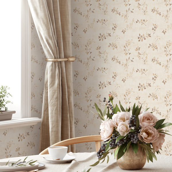 Beige Floral Vine Wallpaper with tiny vine sprigs and oval leaves, creating a delicate cottagecore ambiance for cozy bedrooms.