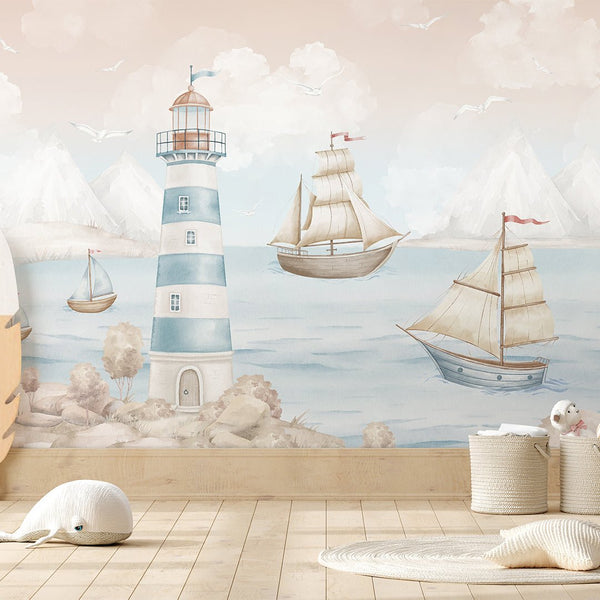 Pastel Nautical Lighthouse Wall Mural AM148 - CostaCover-Peel and stick Removable Wallpaper-accent wallpaper-adhesive wallpaper-baby bedroom