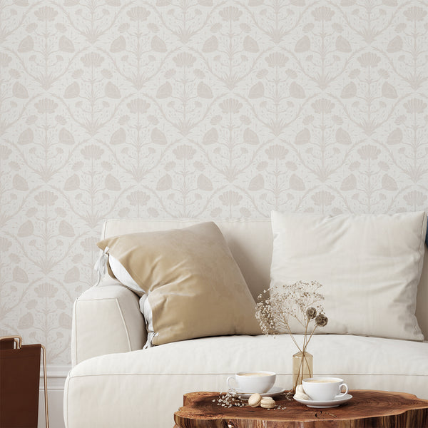 Neutral Vintage Floral Wallpaper with soft beige botanical motifs on an off-white ground, offering a calm, heritage-inspired look for bedrooms or nurseries.