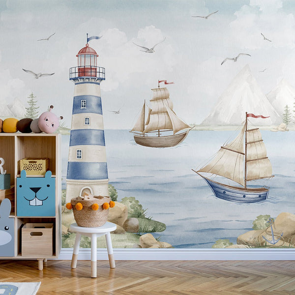 Blue Nautical Lighthouse Wall Mural AM149 - CostaCover-Peel and stick Removable Wallpaper-accent wallpaper-adhesive wallpaper-baby bedroom