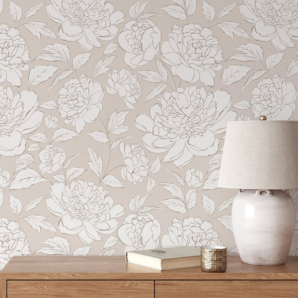 Beige Peony Flowers Wallpaper CC298 - CostaCover - Peel and stick Removable Wallpaper - abstract floral - abstract wallpaper - accent wallpaper