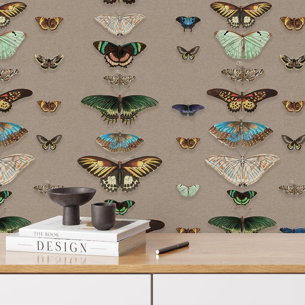 Beige Green Retro Butterflies Wallpaper W159 - CostaCover - Peel and stick Removable Wallpaper - accent wallpaper - adhesive wallpaper - bathroom wallpaper