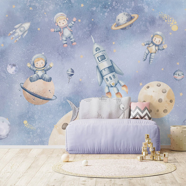 Purple Astronauts & Planets Wall Mural SM082 - CostaCover - Peel and stick Removable Wallpaper - accent wallpaper - adhesive wallpaper - baby bedroom