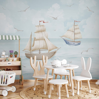 Blue Beige Sailboats Wall Mural AM151