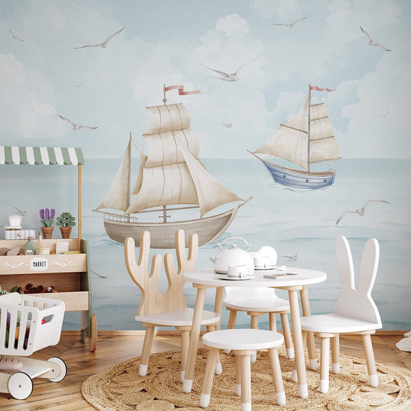 Blue Beige Sailboats Wall Mural AM151 - CostaCover-Peel and stick Removable Wallpaper-Abstract-abstract wallpaper-accent wallpaper