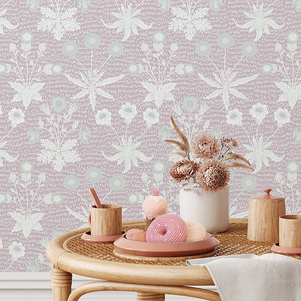 Pink Green Daisy by Morris Wallpaper W131 - CostaCover - Peel and stick Removable Wallpaper - abstract floral - abstract wall art - abstract wallpaper